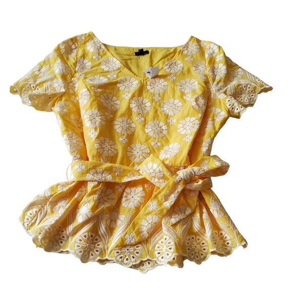 Talbots Yellow Floral Eyelet Embroidered Belted Peplum Top NWT 14P - Picture 6 of 16